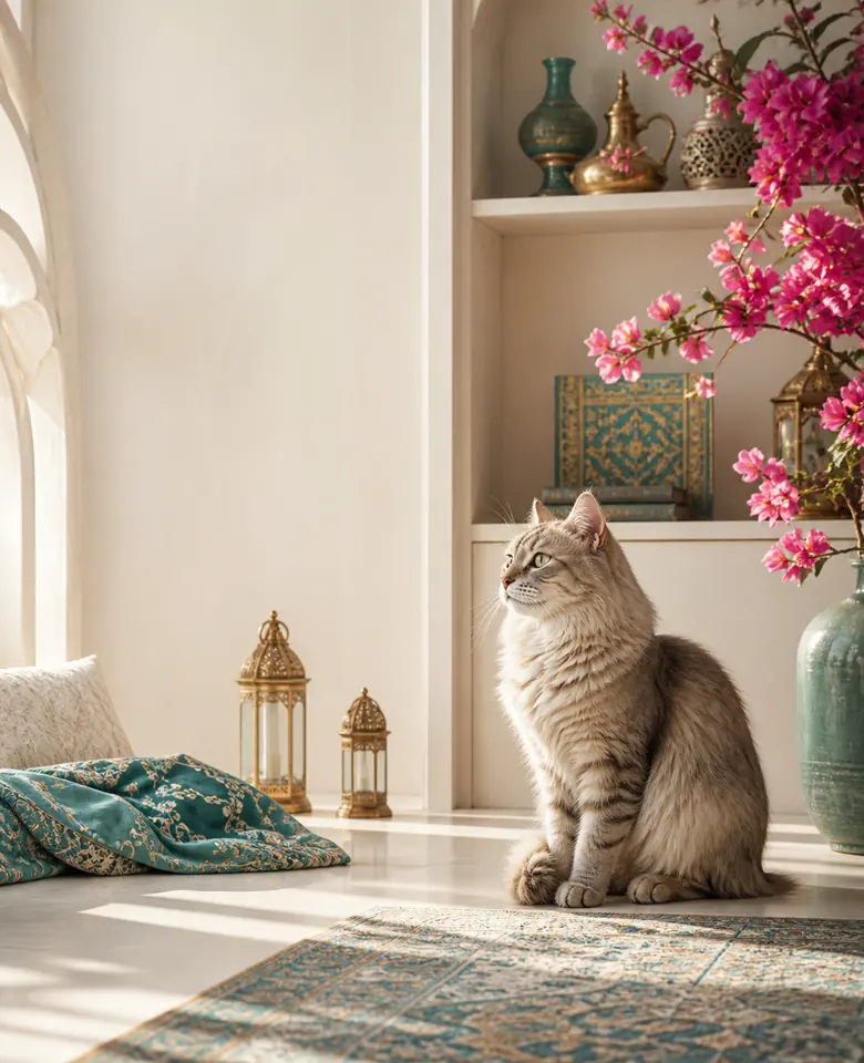 Cat in a refined UAE-inspired studio setting with warm heritage details.