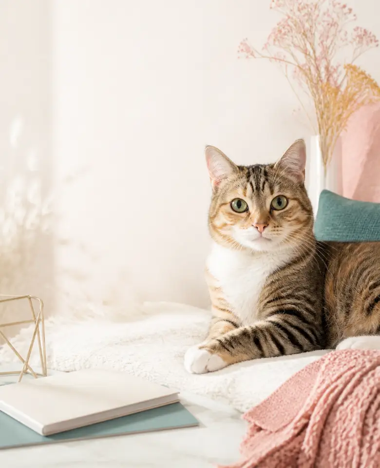Cat in a bright editorial studio with cat-care reading details.