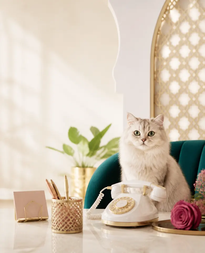 Cat in a bright support studio with phone and message details.