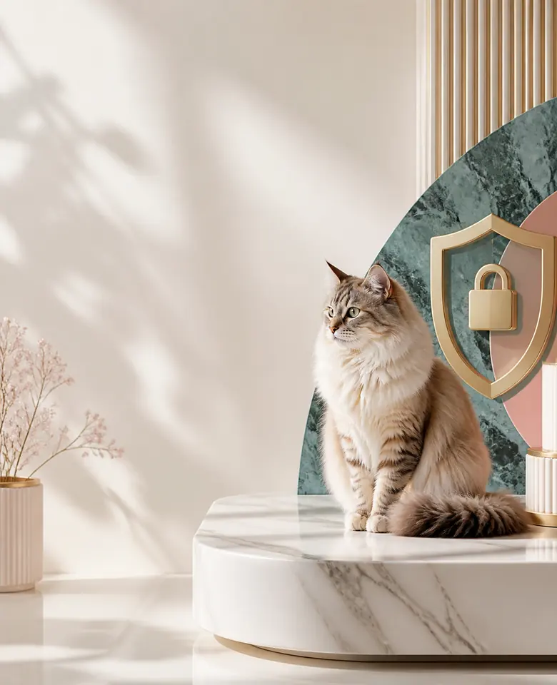 Cat in a bright studio with abstract lock and shield privacy details.