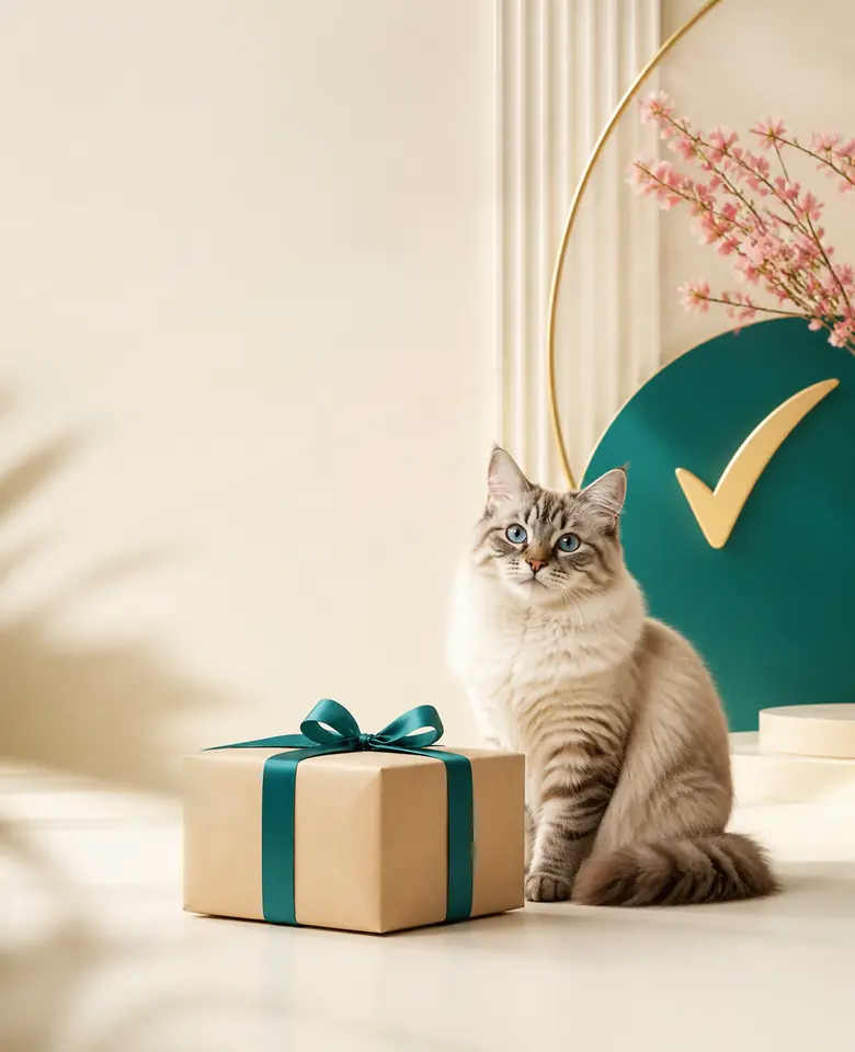 Cat beside a wrapped parcel with a premium guarantee-inspired backdrop.