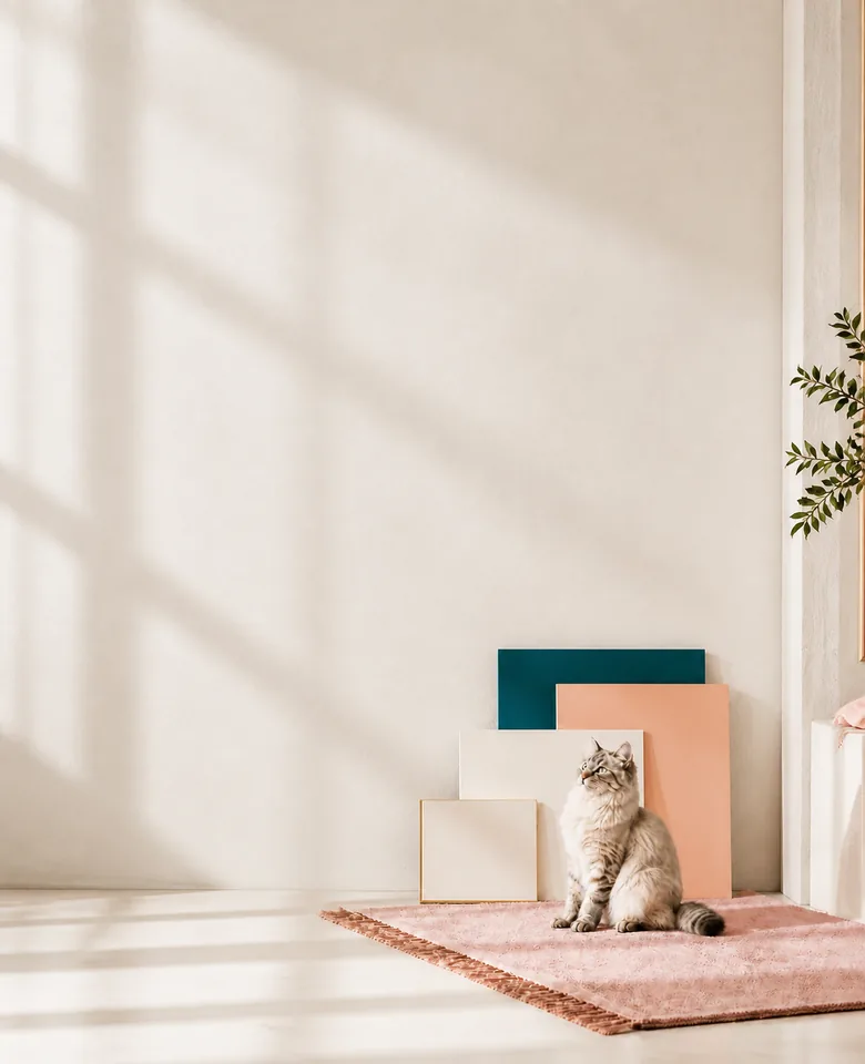 Cat in a bright studio with abstract legal and trust-inspired details.
