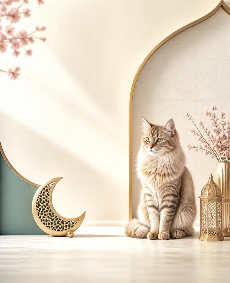 Cat in a bright studio with Islamic geometric decor suggesting halal quality.