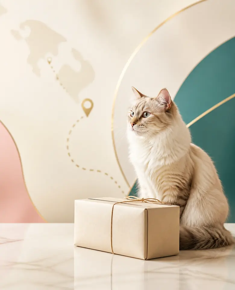 Cat beside a parcel in a bright UAE delivery-inspired studio.